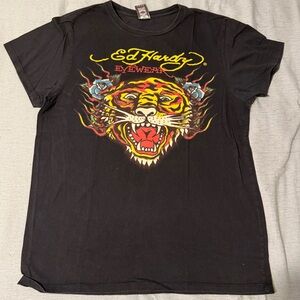 EdHardy Cotton Black T-shirt with Tiger Graphic Design